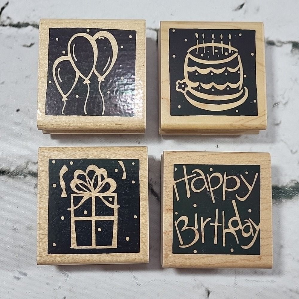 JRL Design Co Rubber Stamps Happy Birthday Lot Of 4‎ Balloons Cake Gift